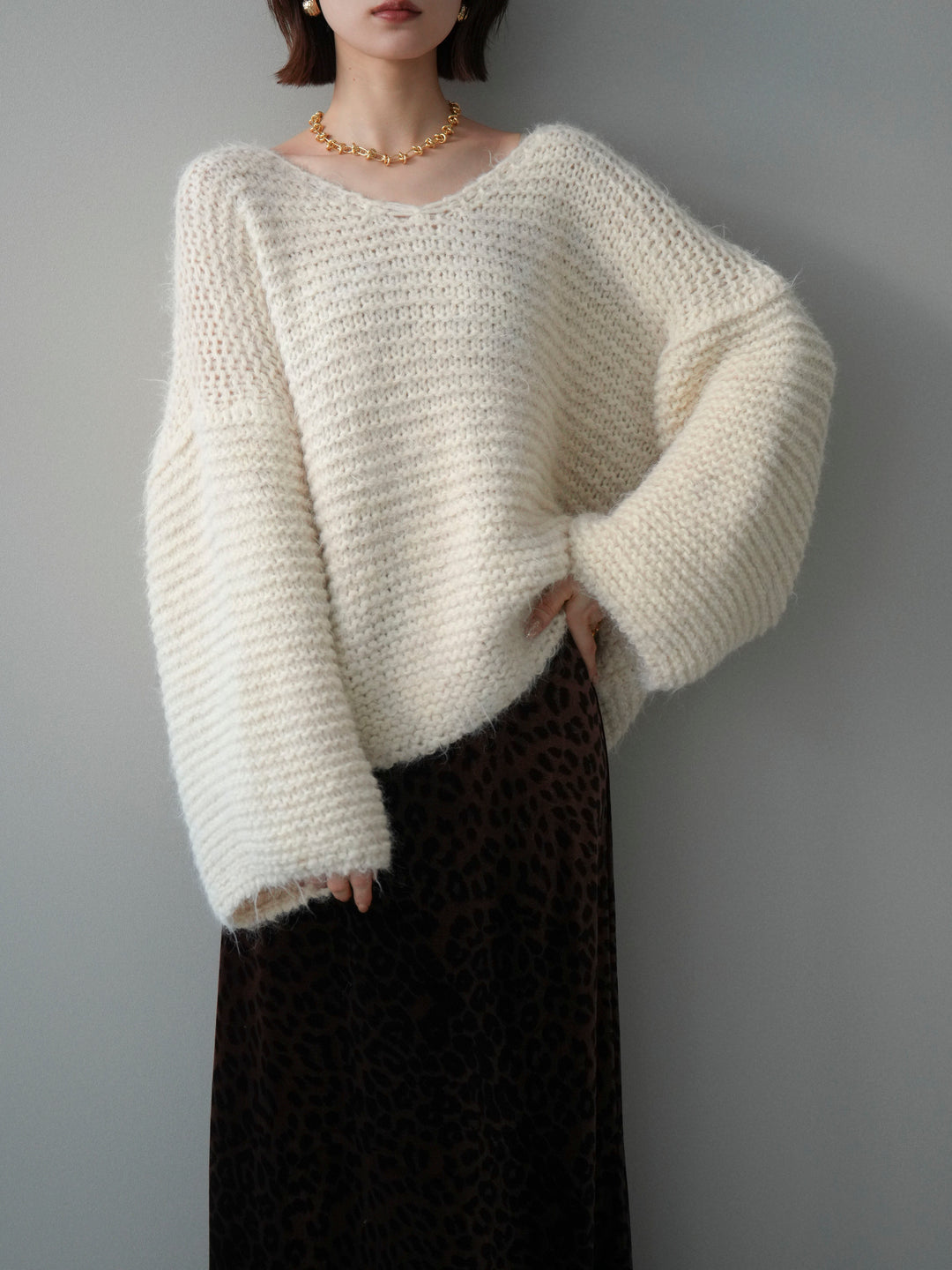 [SET]ワッフル編みシャギーニットプルオーバー+レオパードベロアナロースカート(2set)