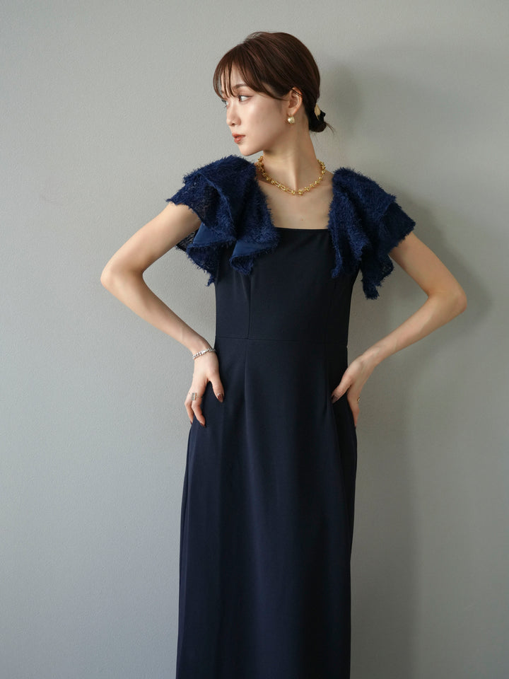 [予約]ジャガードフレアスリーブドレス/ネイビー