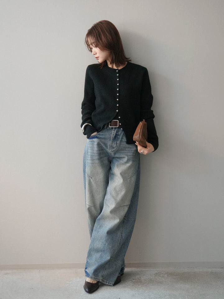[SET]シルバーボタン畦編みニットカーディガン+ベルト付カーブデニムパンツ(2set)