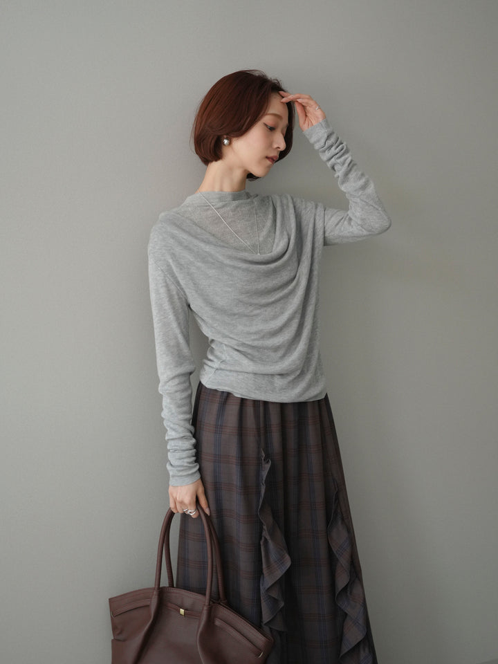 [予約]ボトルネックドレープレイヤードニットトップス/gray