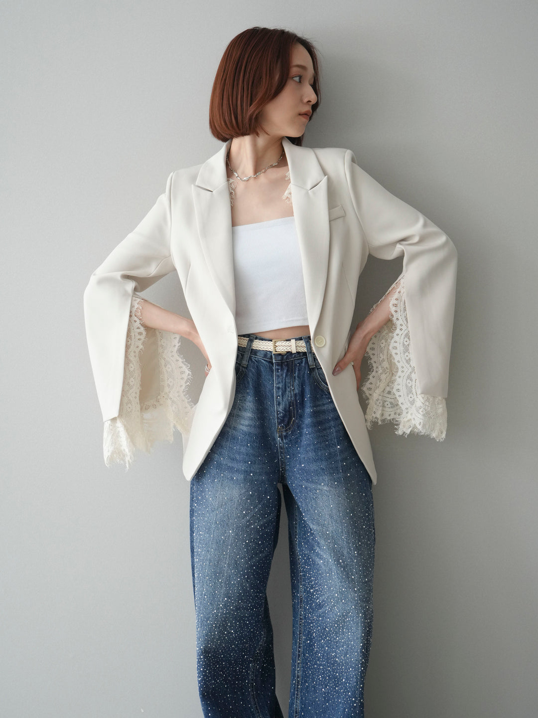 [予約]レースレイヤードスリットジャケット/ivory