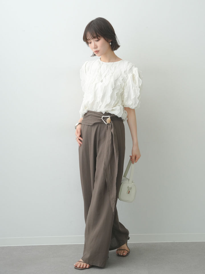 [予約]ベルトデザインタックドレープワイドパンツ/brown