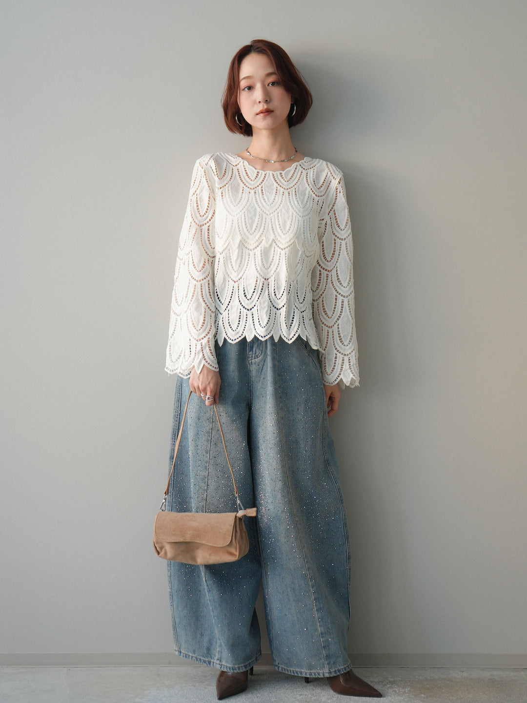 [予約]フロントビジューカーブデニムパンツ/lightblue