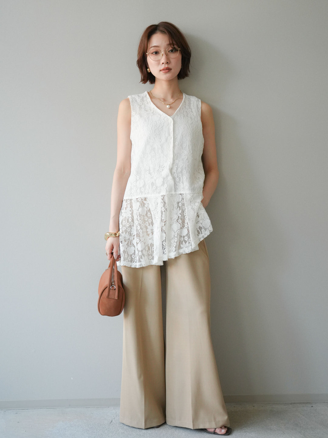 [予約]シルバーバックルドレープワイドスラックス/beige