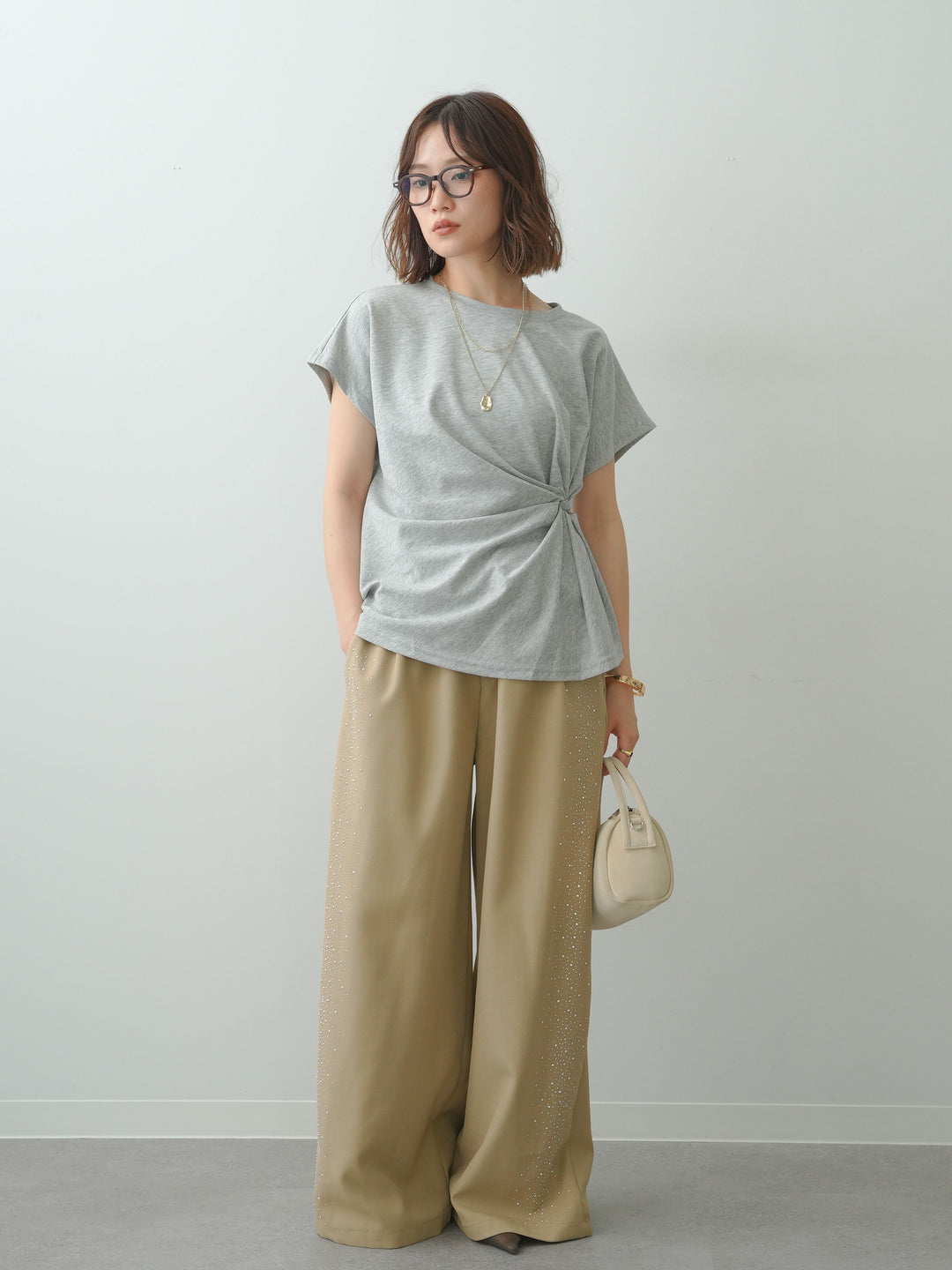 [予約]ポーチベルト付サイドビジュータックワイドパンツ/beige