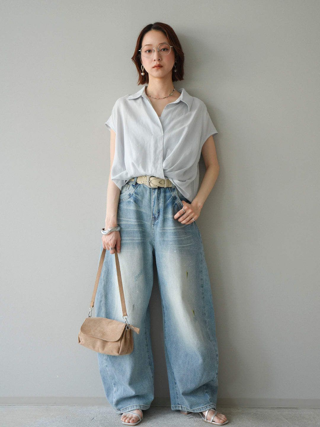 [予約]ベルト付ペイント加工カーブデニムパンツ/lightblue