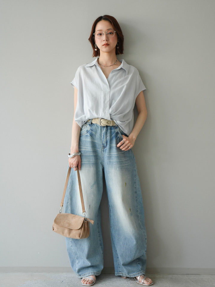 [予約]ベルト付ペイント加工カーブデニムパンツ/lightblue