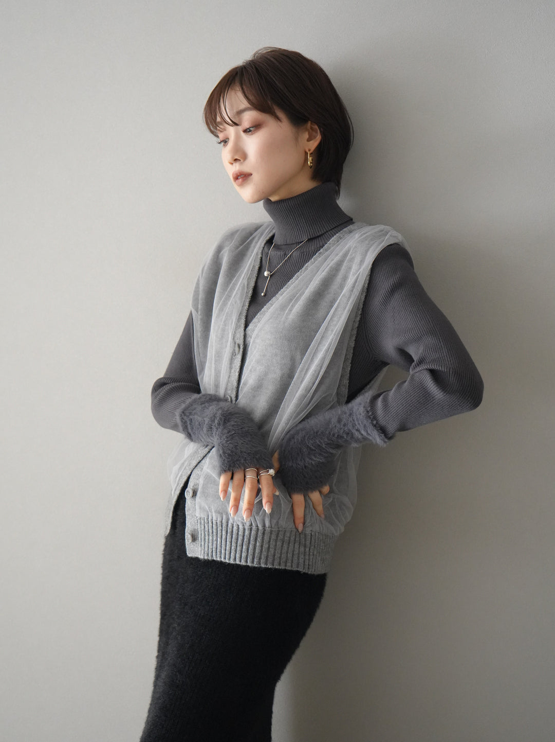 [Pre-order] Tulle layered knit vest/gray