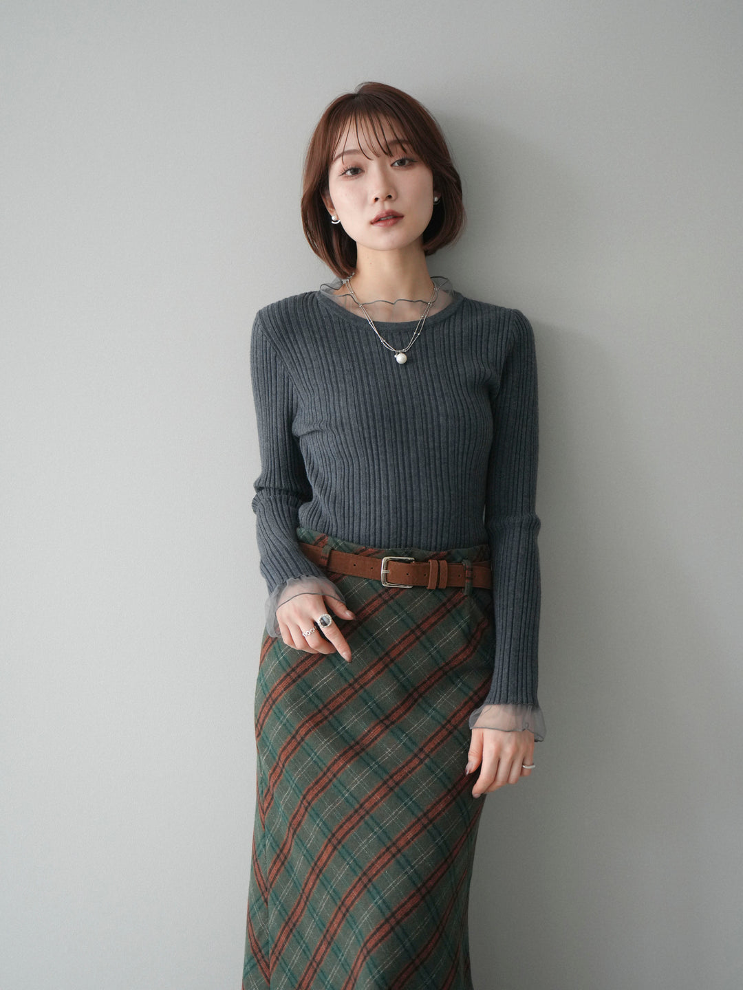 [SET]チュールドッキングリブニットトップス+ベルト付チェック柄ナロースカート(2set)