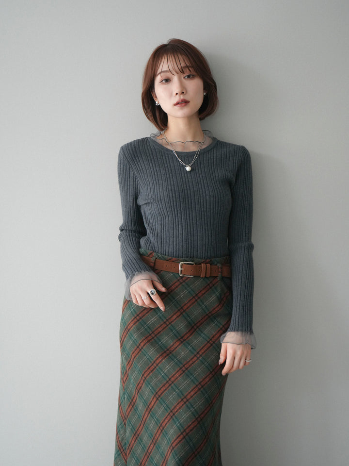[SET]チュールドッキングリブニットトップス+ベルト付チェック柄ナロースカート(2set)