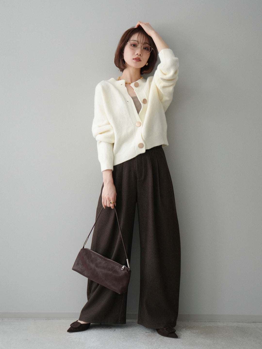 [SET]BIGボタンニットカーディガン+アニマル柄ベルト付きウールタッチワイドパンツ(2set)
