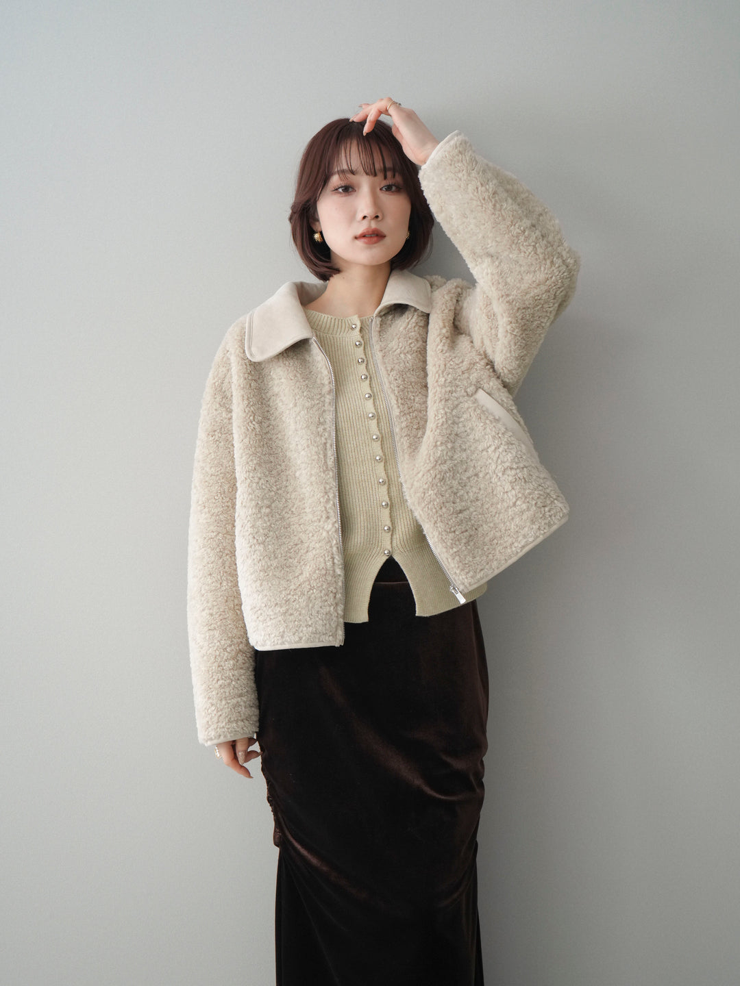 [予約]スエード襟ボアショートジャケット/beige