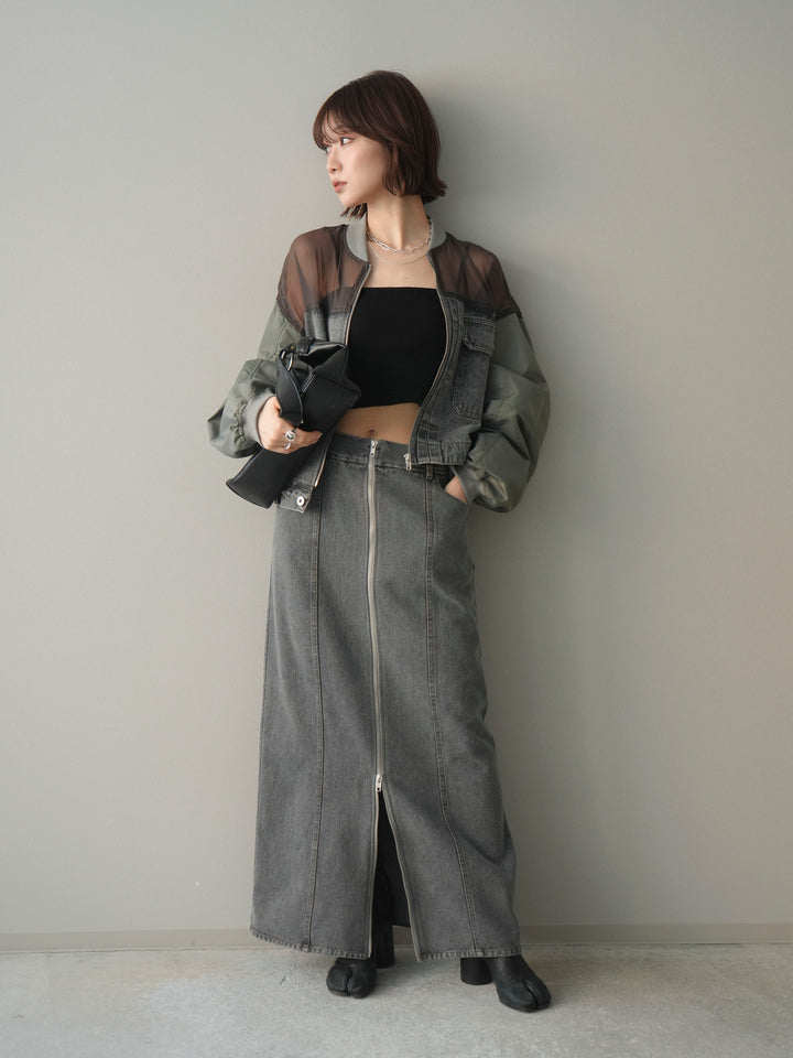 [SET]異素材デニムブルゾン+フロントジップデニムスカート(2set)