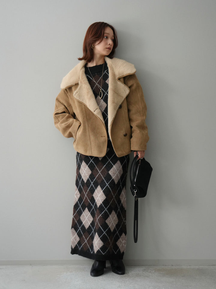 [SET]アーガイルニットプルオーバー&ロングスカートSET UP+ムートンショートジャケット(2set)