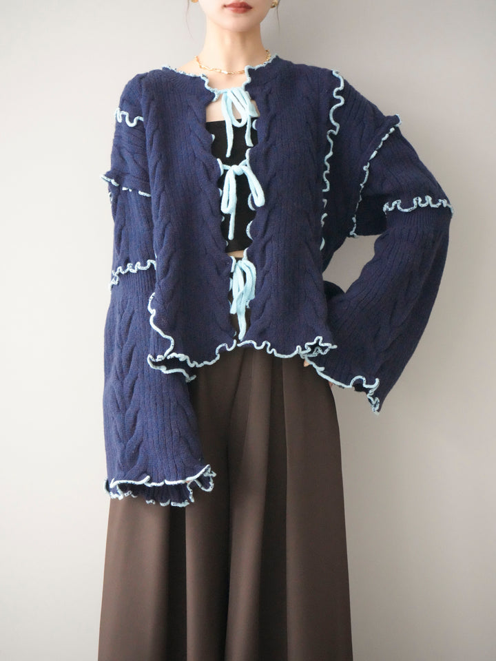 [SET]フロントリボン配色メローニットカーディガン+テープベルトタックバギーパンツ(2set)