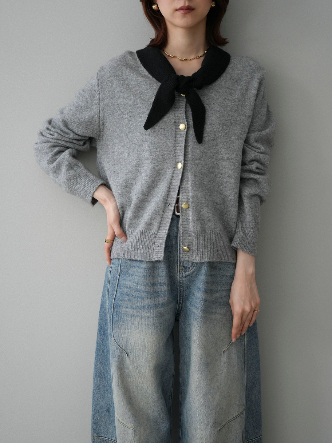 [予約]デザイン襟ニットカーディガン/gray