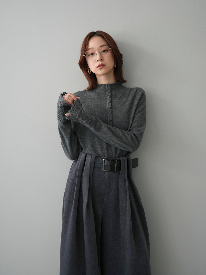 [SET]袖スカラップレースフロントボタンウールニットトップス+ベルトデザインループコールテンワイドパンツ(ベルト付き)(2set)