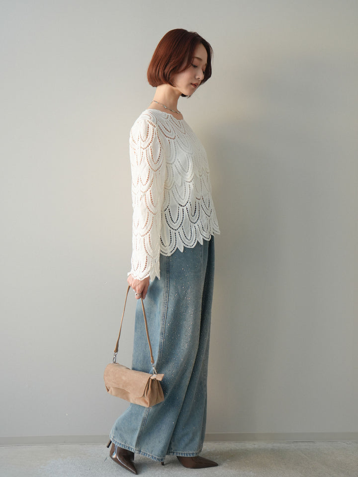 [予約]フロントビジューカーブデニムパンツ/lightblue