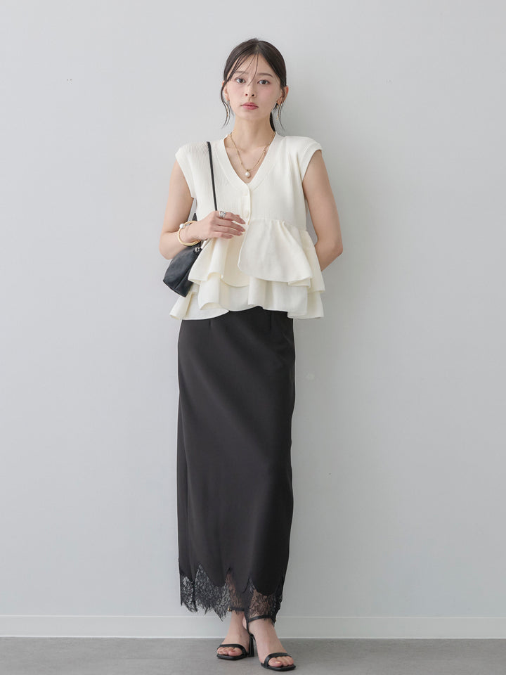 [予約]レースヘムストレッチIラインスカート/black