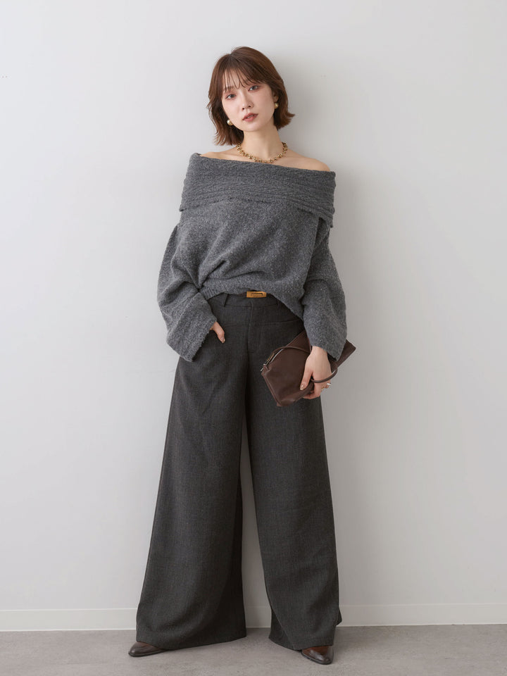 [予約]ベルト付ポケットデザインワイドストレートパンツ/charcoal