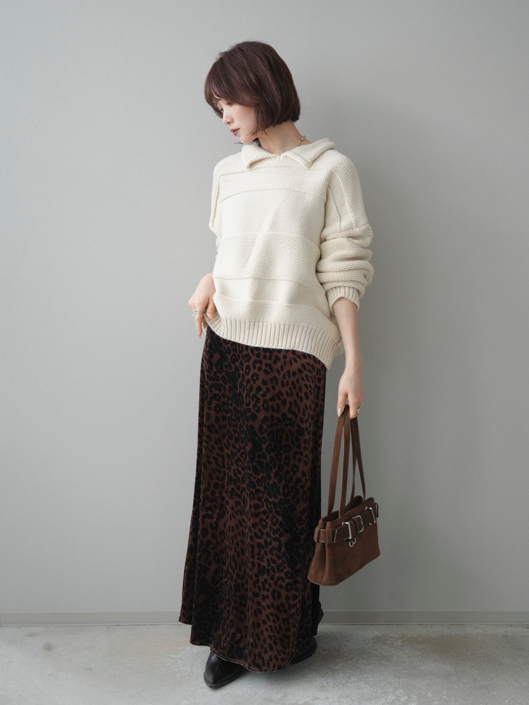 [SET]襟付きボーダー編みニットプルオーバー+レオパードベロアナロースカート(2set)