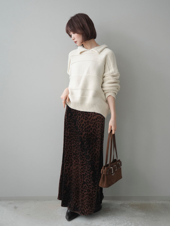 [SET]襟付きボーダー編みニットプルオーバー+レオパードベロアナロースカート(2set)