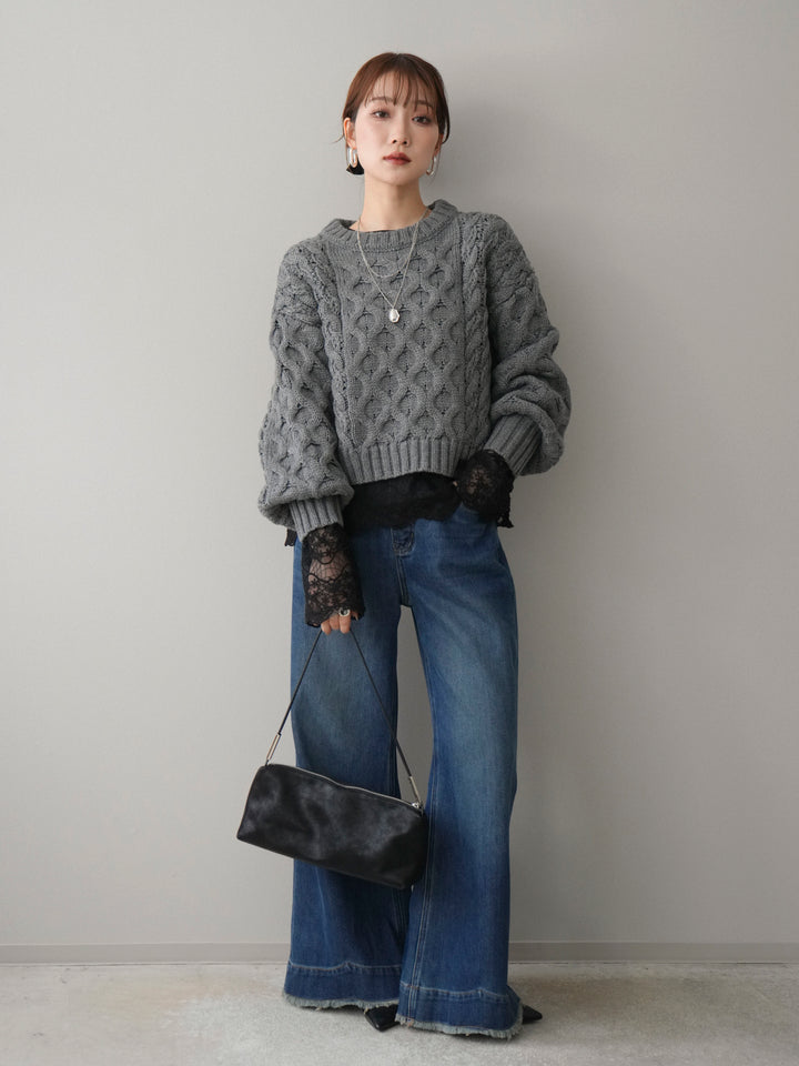 [SET]バルキーケーブルクロップドニットプルオーバー+チュールレーストップス+裏起毛裾フリンジワイドデニムパンツ(3set)