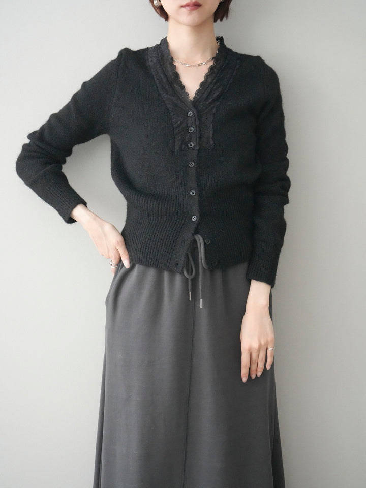 [SET]レースネックコンパクトニットカーディガン+選べるアクセセット(2set)