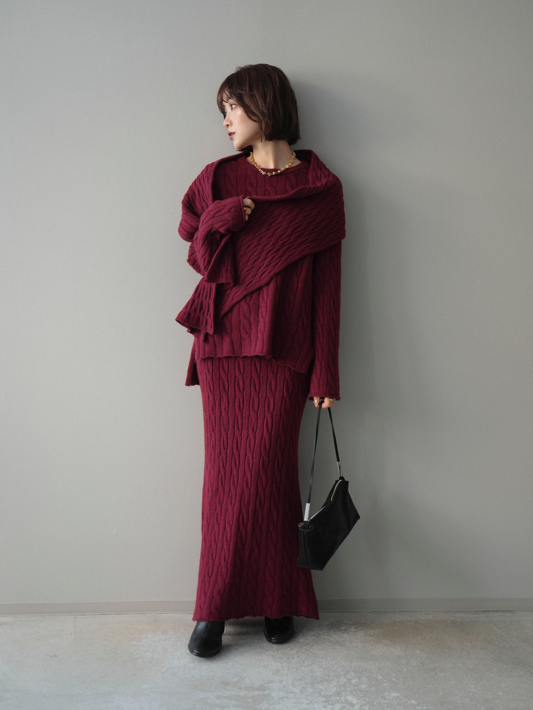 [SET]ストール付ケーブルニットプルオーバー&ロングスカートSET UP+選べるアクセセット(2set)