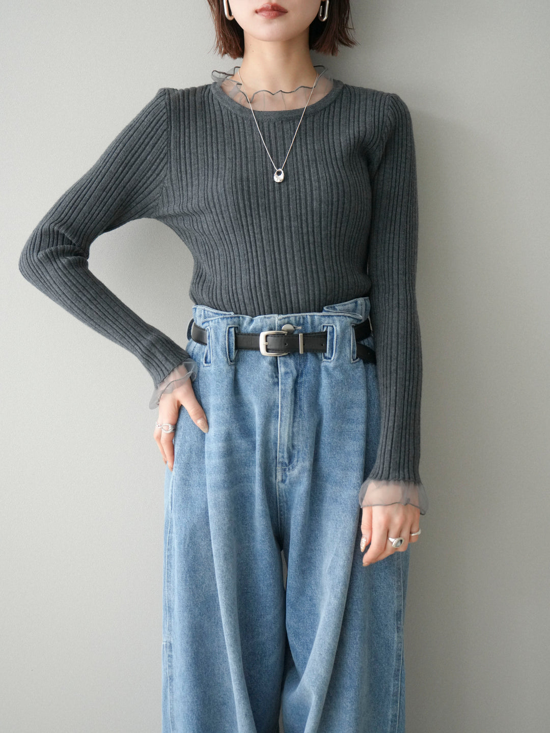 [SET]チュールドッキングリブニットトップス+チュールドッキングリブニットトップス(2set)