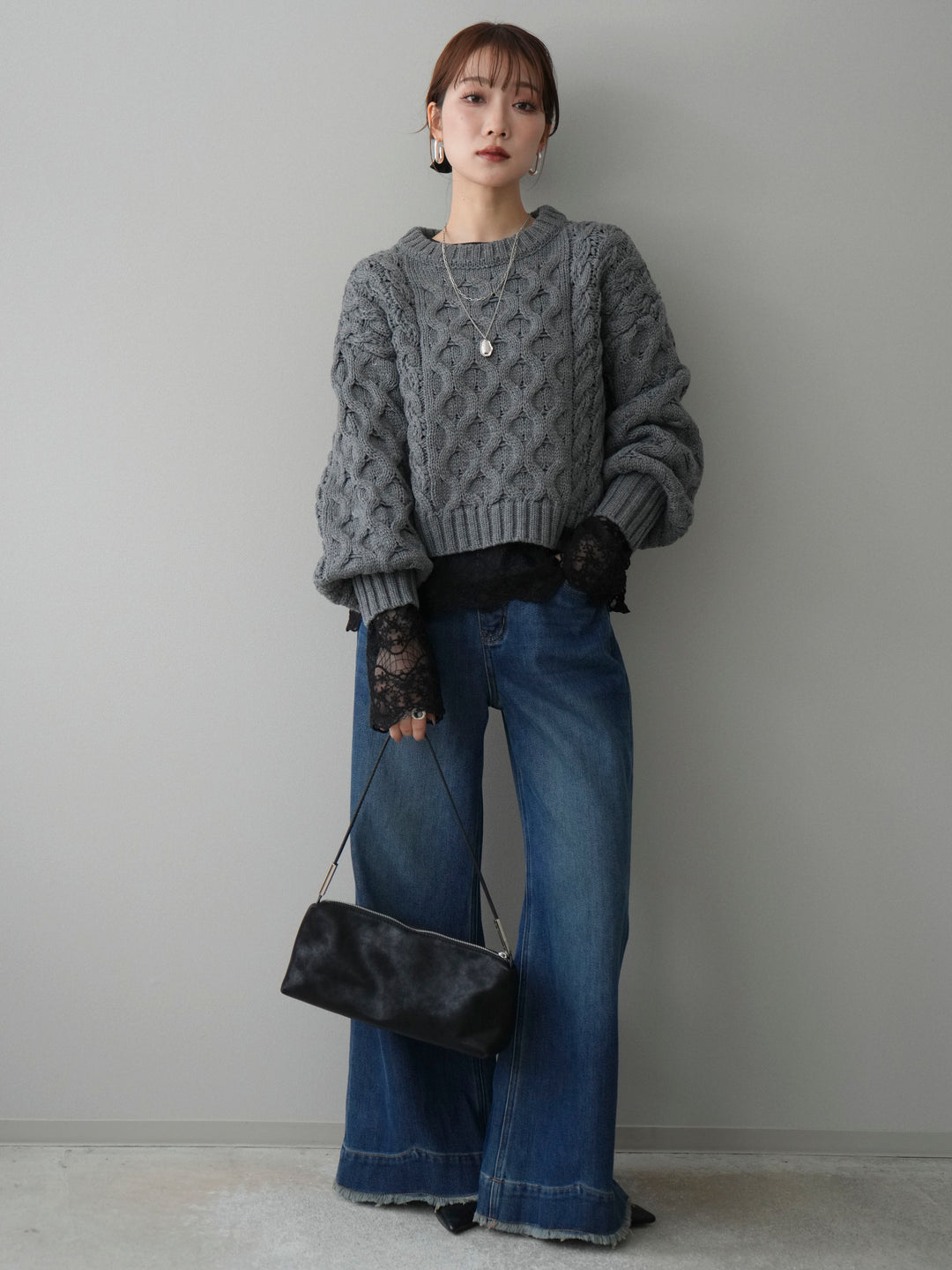 【着回しセット】[SET]バルキーケーブルクロップドニットプルオーバー+アンゴラタッチクルーネックニットプルオーバー+チュールレーストップス(3set)