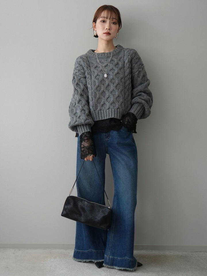 【着回しセット】[SET]バルキーケーブルクロップドニットプルオーバー+アンゴラタッチクルーネックニットプルオーバー+チュールレーストップス(3set)