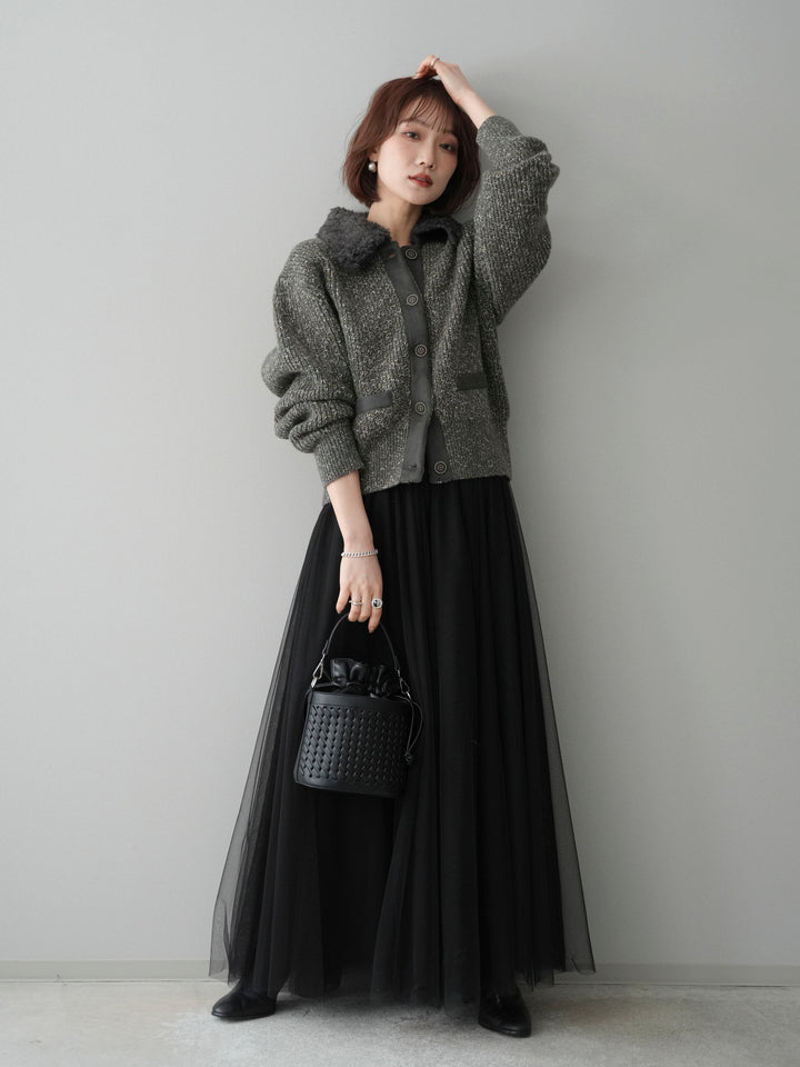 [SET]襟ボアミックスヤーンニットカーディガン+チュールボリュームスカート(2set)