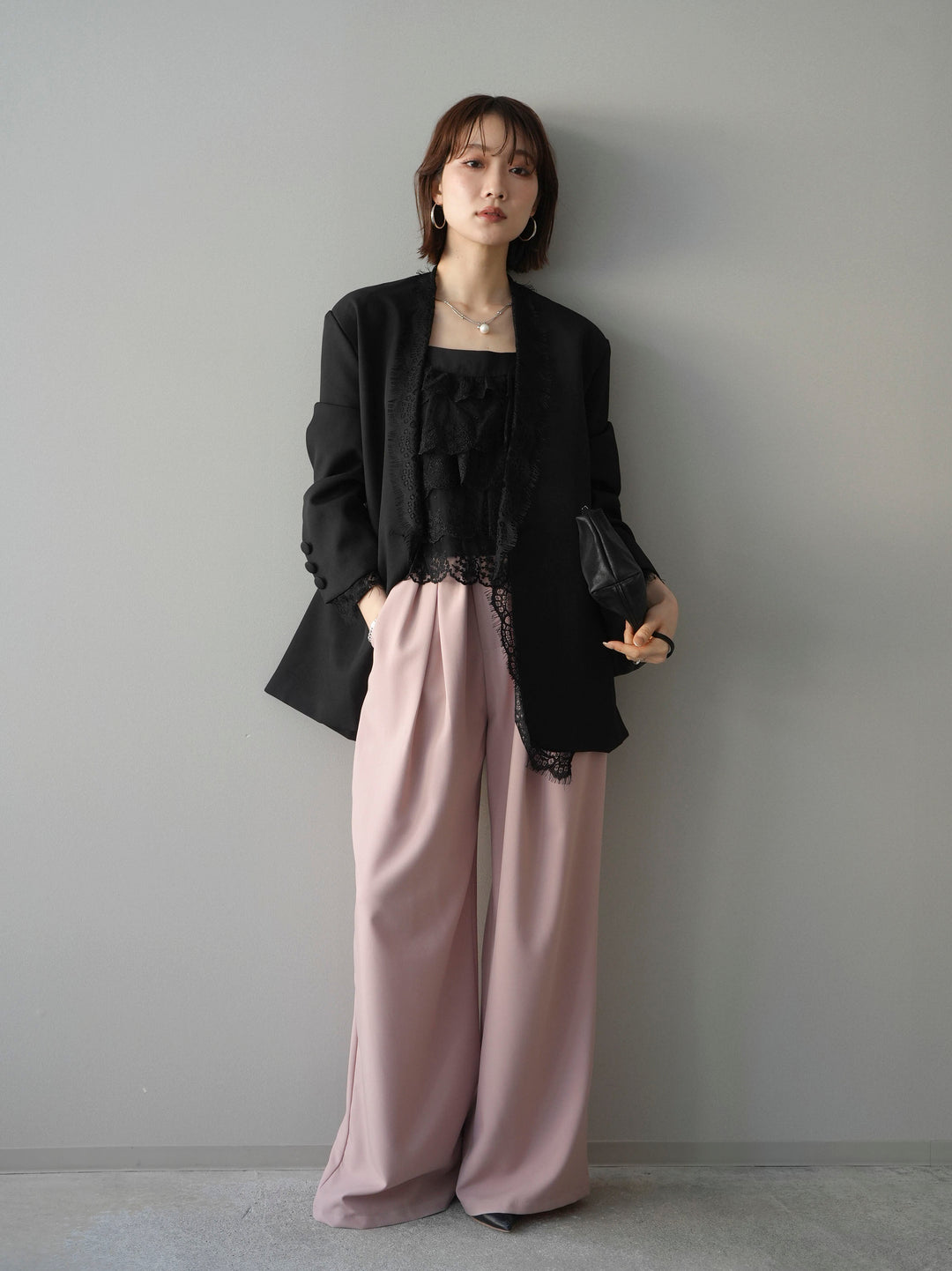 [SET]ノーカラーレースジャケット+ベルト付キーホルダーモチーフワイドパンツ(2set)