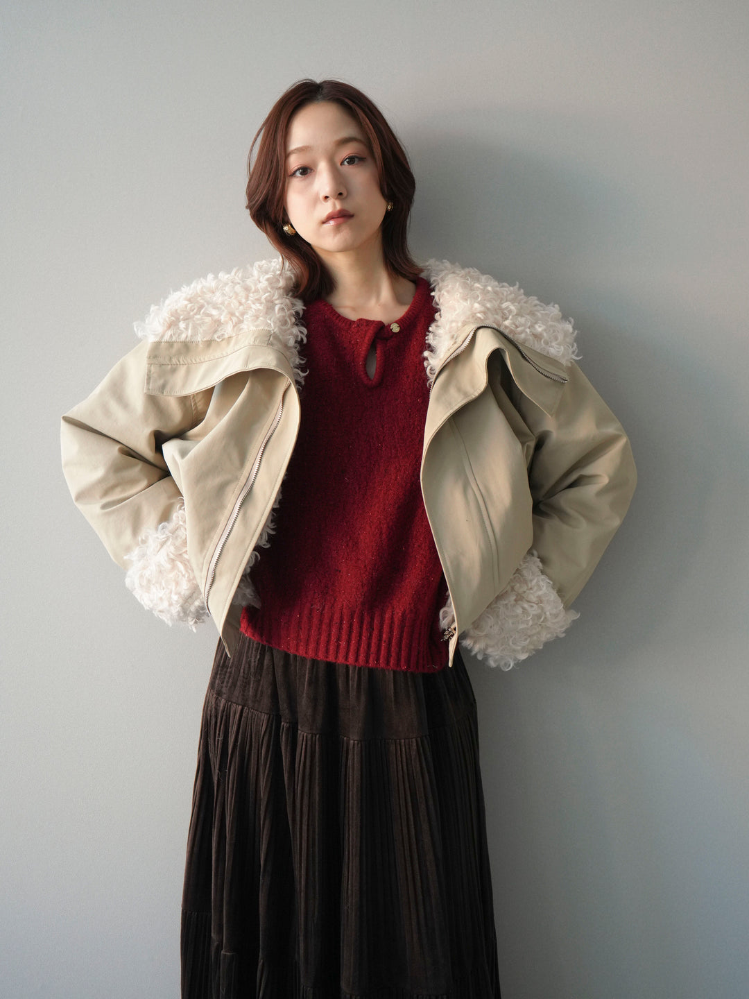 [SET]プードルファーダウンジャケット+ベロアティアードワッシャースカート(2set)