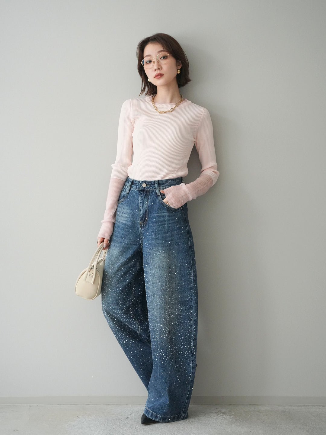 [SET]リブラメシアー切替リブニットトップス+ラインストーンカーブデニムパンツ(2set)