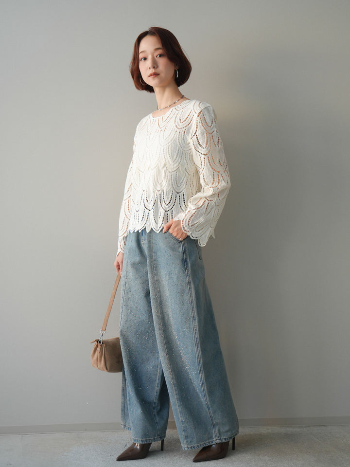 [予約]フロントビジューカーブデニムパンツ/lightblue