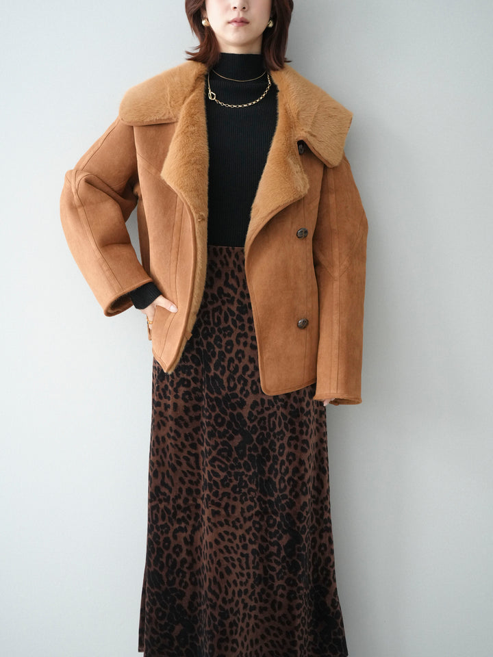 [SET]ムートンショートジャケット+袖ボタンボトルネックリブニットトップス(2set)