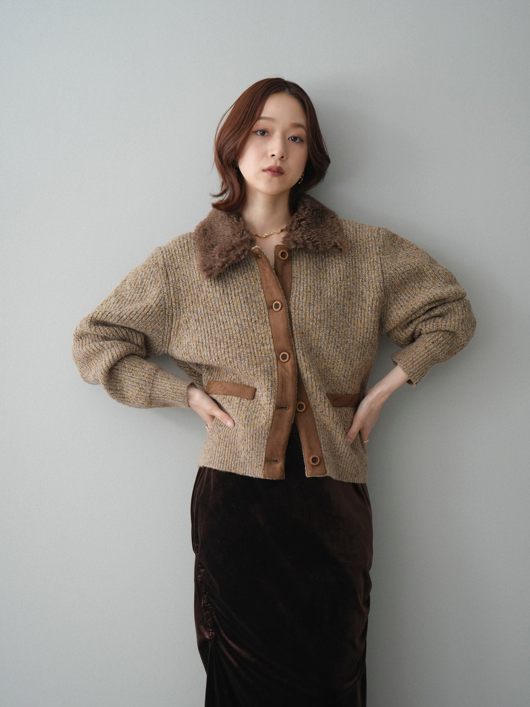 [SET]襟ボアミックスヤーンニットカーディガン+ギャザーベロアスカート(2set)