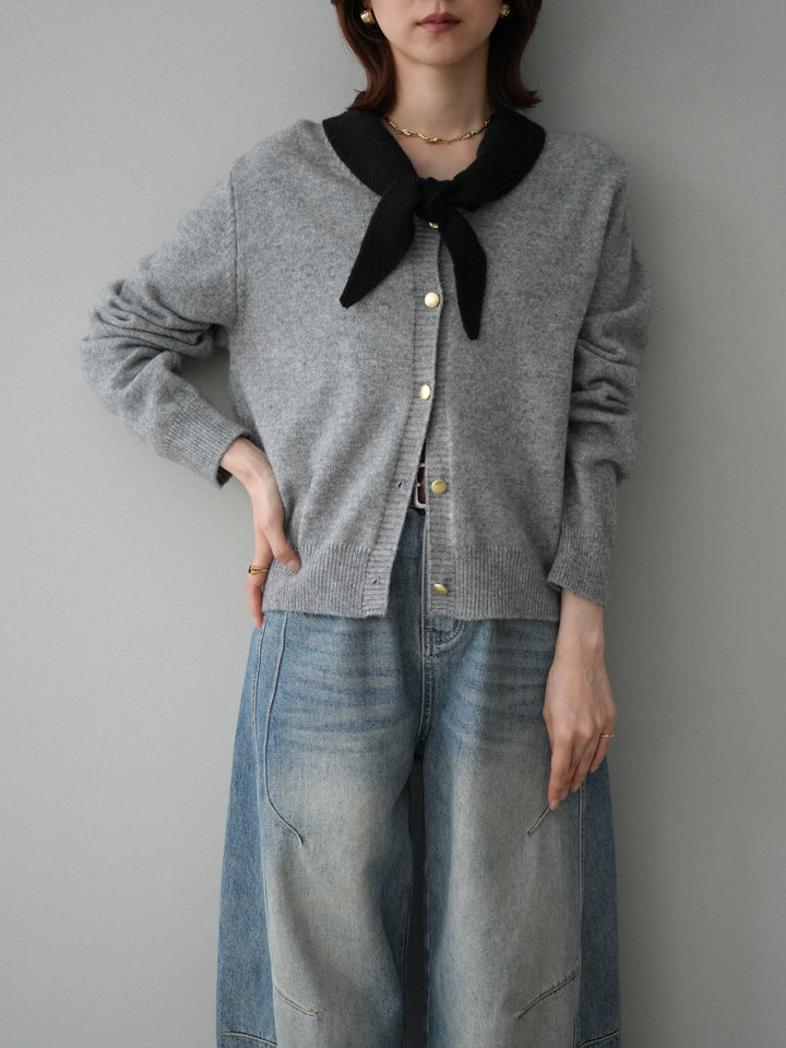 [SET]デザイン襟ニットカーディガン+ベルト付カーブデニムパンツ(2set)