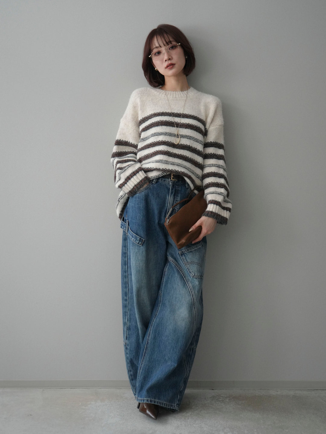 [予約]ステッチボーダーニットプルオーバー/white