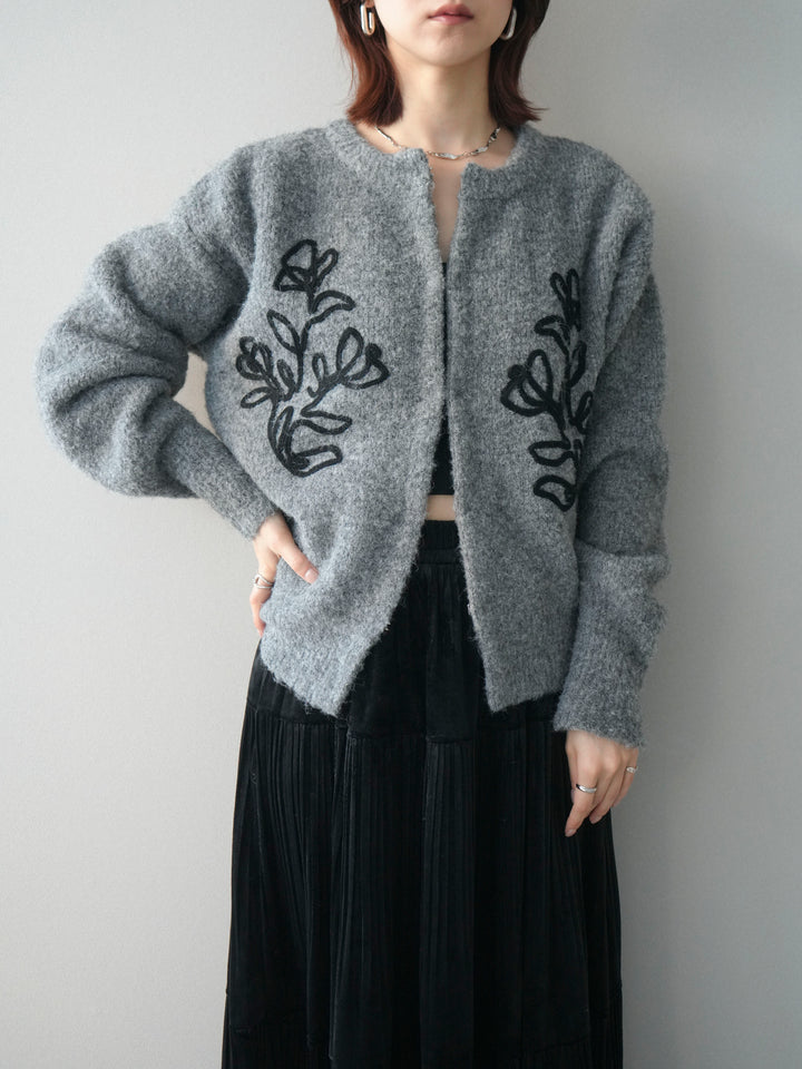 [SET]テープ刺繍ホック開きブークレニットカーディガン+ベロアティアードワッシャースカート(2set)