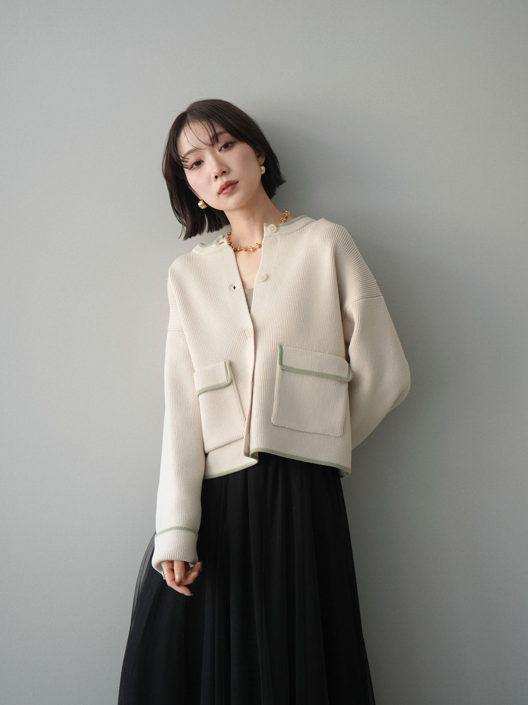 [SET]ポリエステル配色ニットカーディガン+選べるアクセセット(2set)