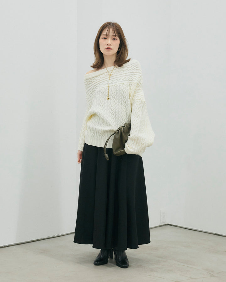 【Allure】[SET]ケーブルワンショルニットプルオーバー+ウールタッチフレアスカート(2set)