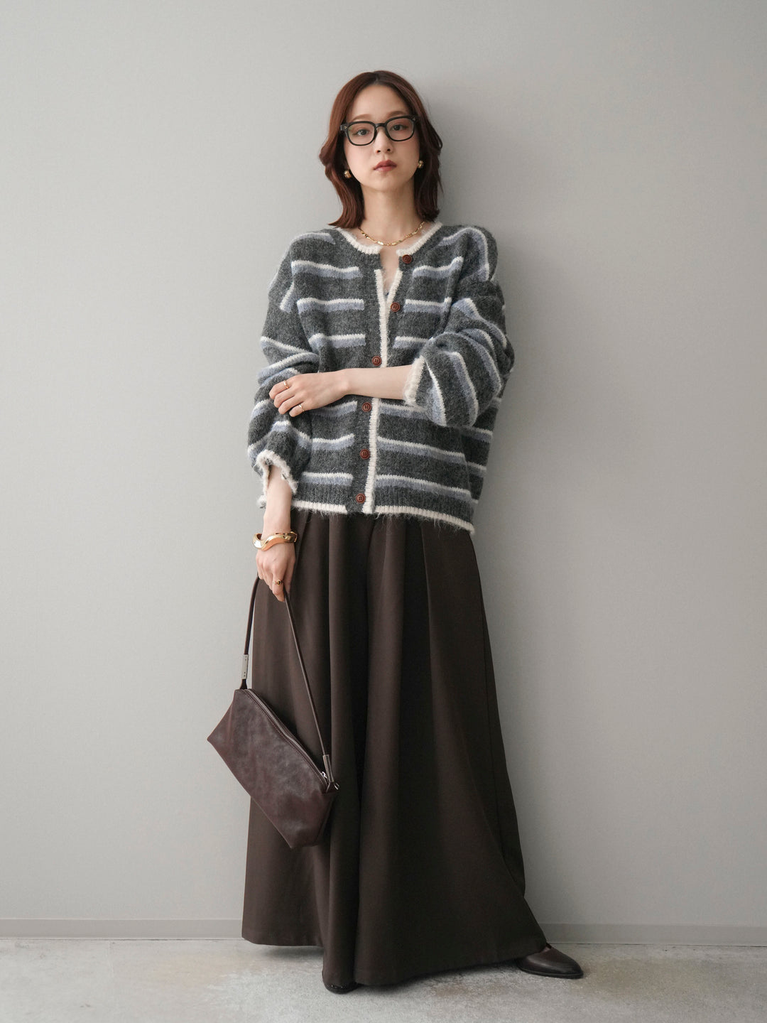 [SET]ウールタッチ配色ボーダーニットカーディガン+テープベルトタックバギーパンツ(2set)