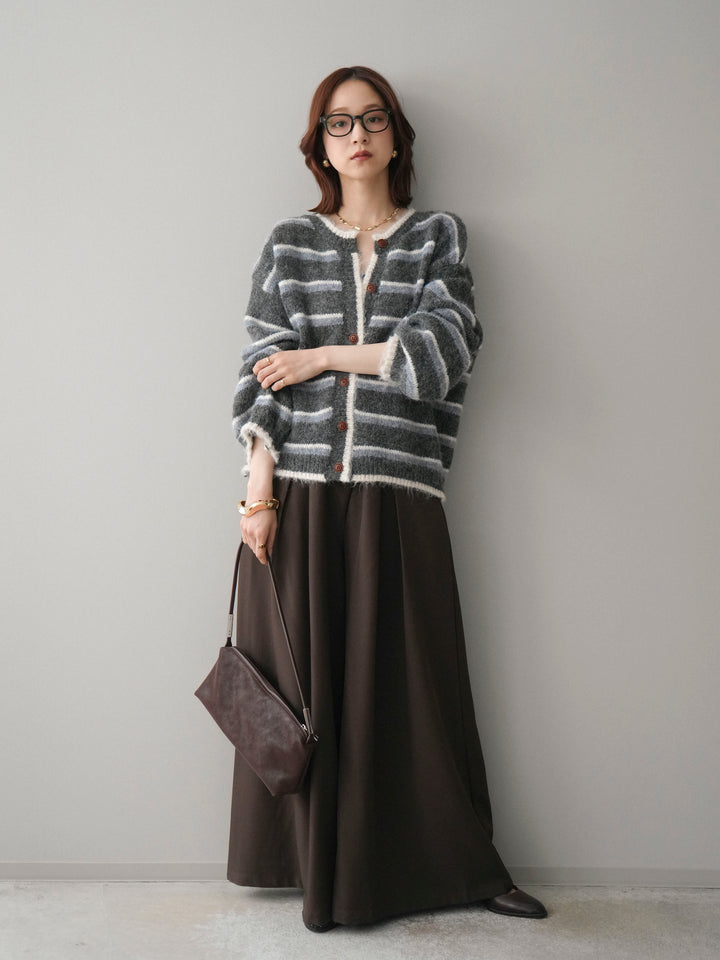 [SET]ウールタッチ配色ボーダーニットカーディガン+テープベルトタックバギーパンツ(2set)