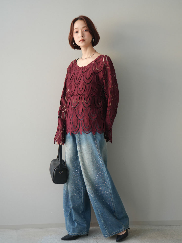 [予約]フロントビジューカーブデニムパンツ/blue