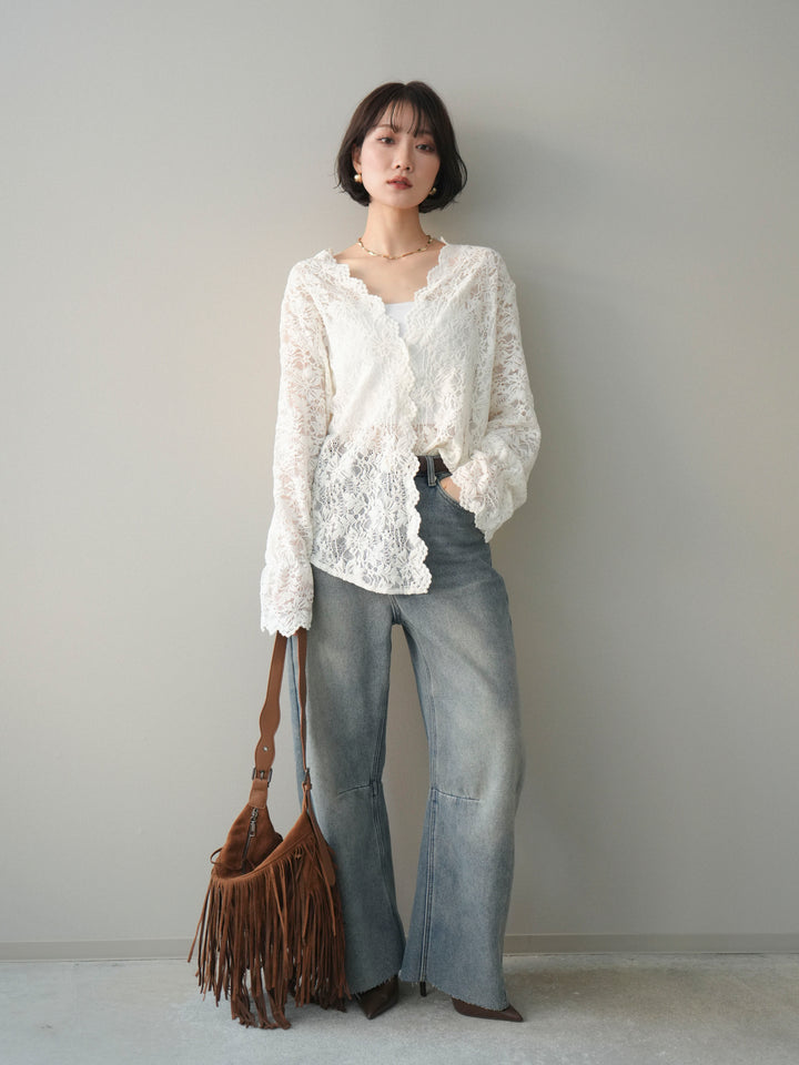 [SET]Vネックレースブラウス+裏起毛カットオフカーブデニムパンツ(2set)
