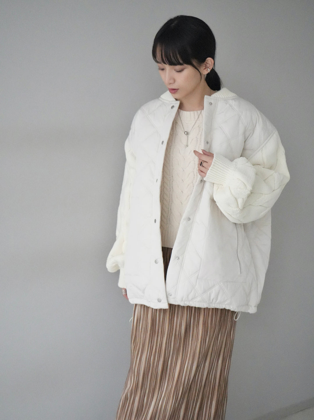 [Pre-order] Diamond Quilted Poly Woolly Sleeve Jacket/Ivory