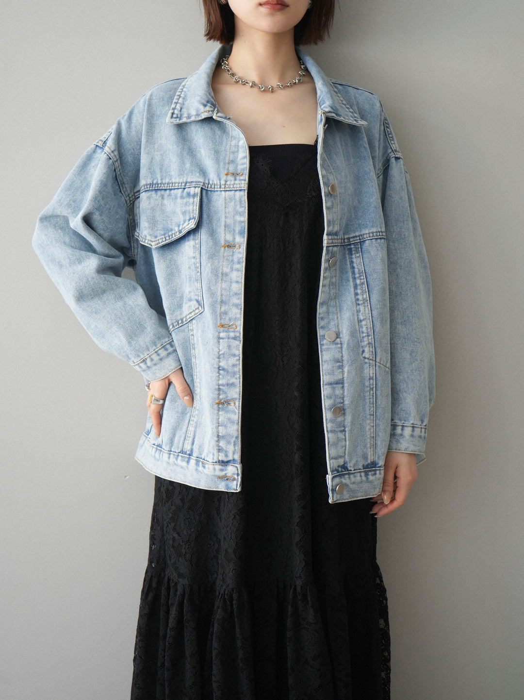 [予約]ギャザー切替レースキャミワンピース/black